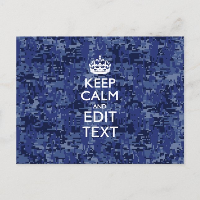 Keep Calm Your Text on Blue Digital Camouflage Postcard (Front)