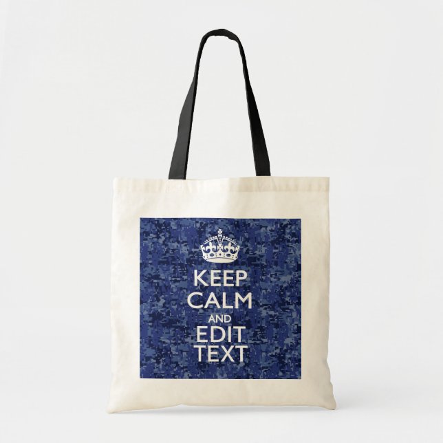 Keep Calm Your Text on Blue Digital Camouflage Tote Bag (Front)