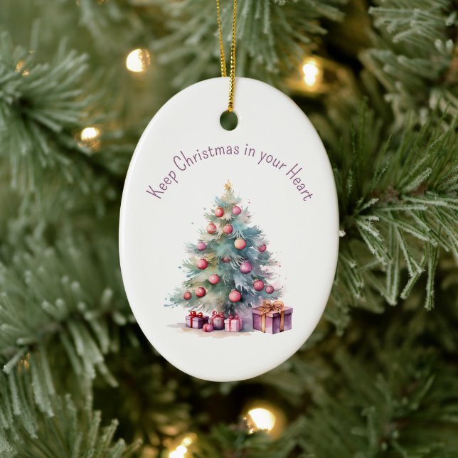 Keep Christmas in your Heart Custom Text Tree Oval Ceramic Ornament (Tree)