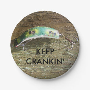 Keep Crankin' Old Fishing Lure Paper Plate