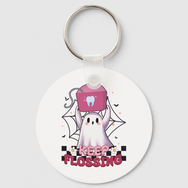Keep Flossing Ghost Groovy Dental Hygiene Hallowee Keychain (Front)