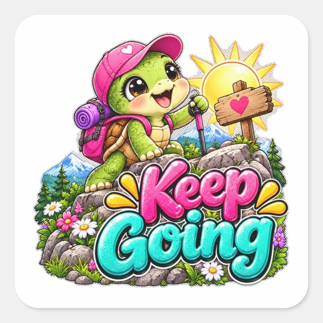 Keep Going Cute Hiking Turtle Square Sticker (Front)