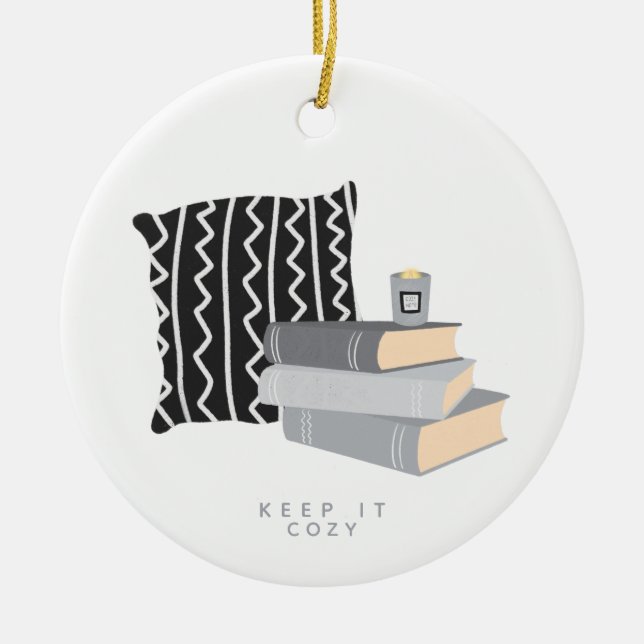 Keep it Cozy Illustrated Candle Photo Christmas Ce Ceramic Ornament (Front)