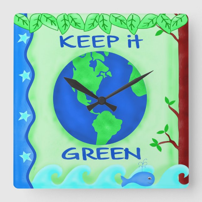 Keep It Green Save Earth Environment Art Square Wall Clock (Front)