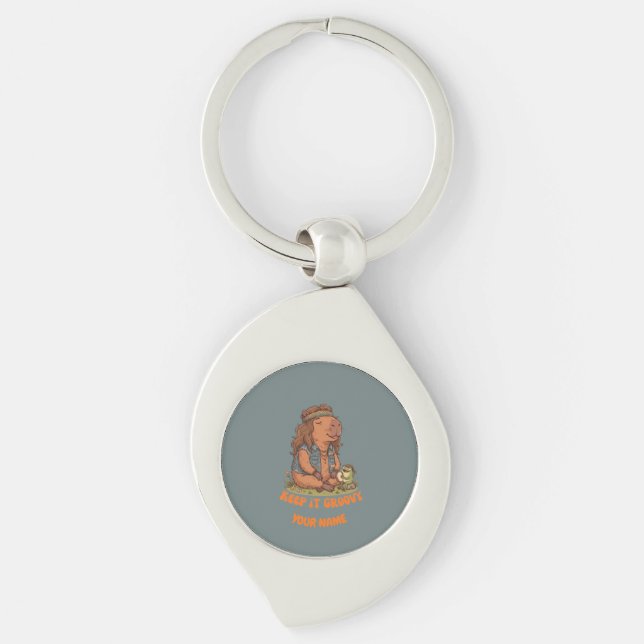 Keep It Groovy Capybara Cute Retro Custom Keychain (Front)
