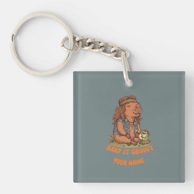Keep It Groovy Capybara Cute Retro Custom Keychain (Front)