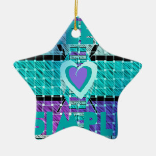 Keep It Simple: Cyan Heart & Clarity Pattern Art Ceramic Ornament