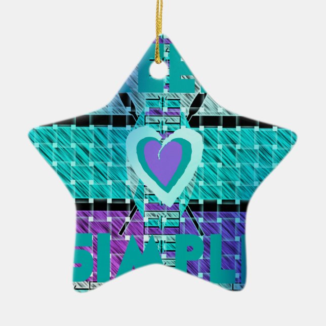Keep It Simple: Cyan Heart & Clarity Pattern Art Ceramic Ornament (Front)