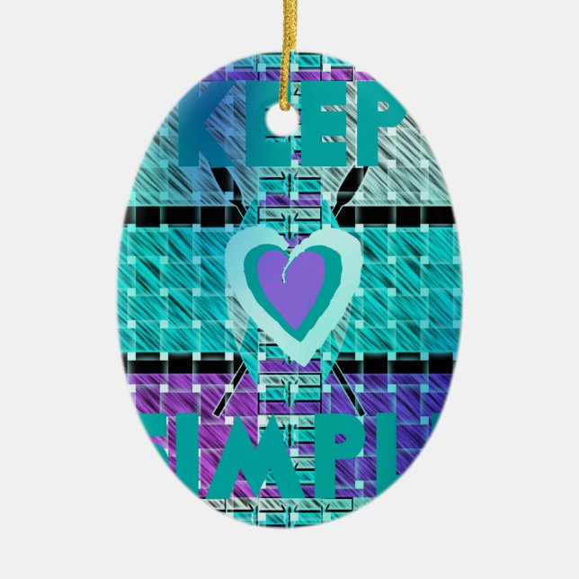 Keep It Simple: Cyan Heart & Clarity Pattern Art Ceramic Ornament (Front)