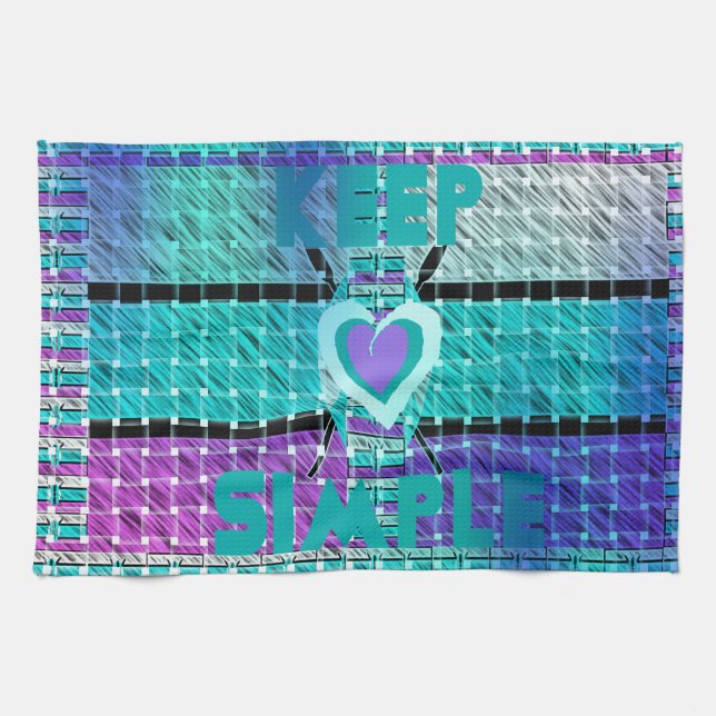 Keep It Simple: Cyan Heart & Clarity Pattern Art Kitchen Towel (Horizontal)