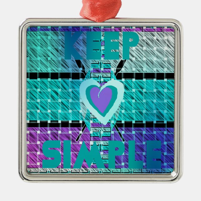 Keep It Simple: Cyan Heart & Clarity Pattern Art Metal Ornament (Front)