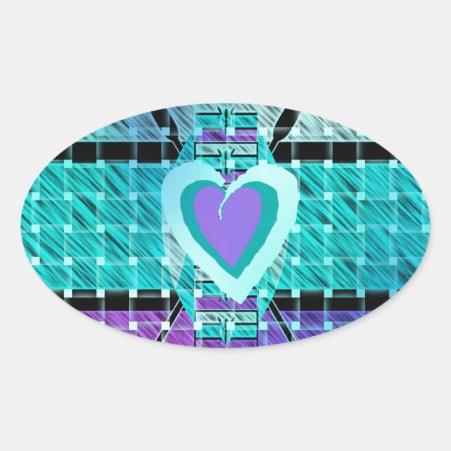 Keep It Simple: Cyan Heart & Clarity Pattern Art Oval Sticker (Front)