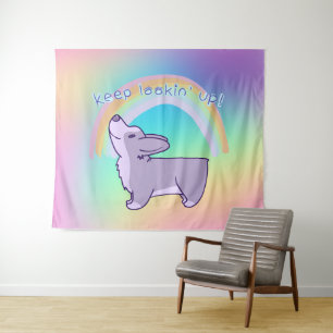 "Keep Lookin' Up!" Corgi Rainbow Tapestry