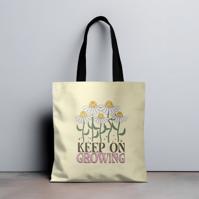 Keep On Growing Positive Quotes Retro Flowers Tote Bag (Creator Uploaded)