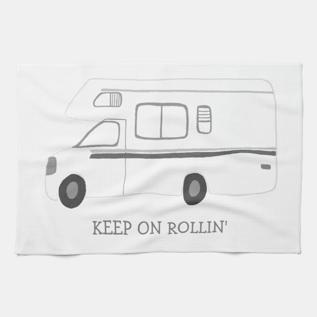 KEEP ON ROLLIN Retro Camper Motorhome RV B&W Kitchen Towel (Horizontal)