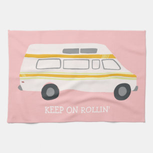KEEP ON ROLLIN Retro Campervan Motorhome RV Pink Kitchen Towel
