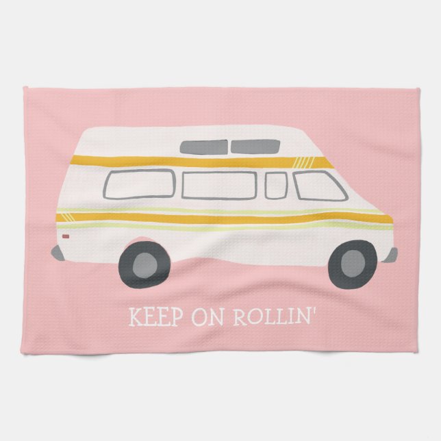 KEEP ON ROLLIN Retro Campervan Motorhome RV Pink Kitchen Towel (Horizontal)