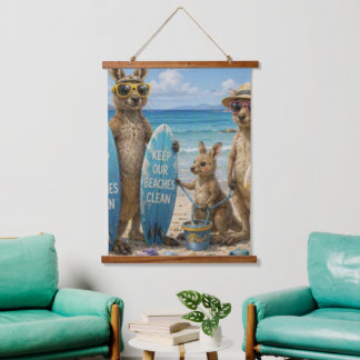 Keep Our Beaches Clean Kangaroo Family Hanging Tapestry