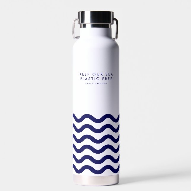 Keep Our Sea Plastic Free Ocean Nautical Waves Water Bottle (Front)