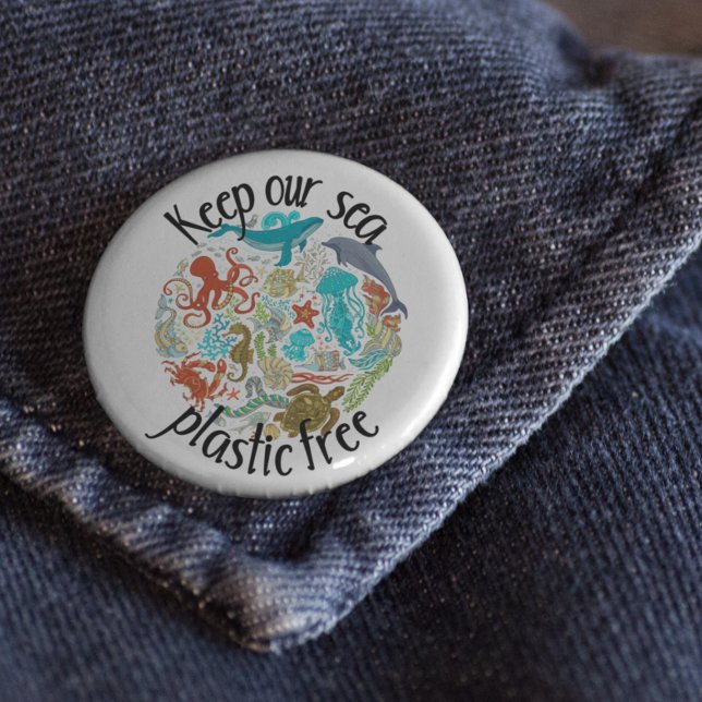 Keep our Sea Plastic Free Turtle Whale 3 Inch Round Button (Creator Uploaded)