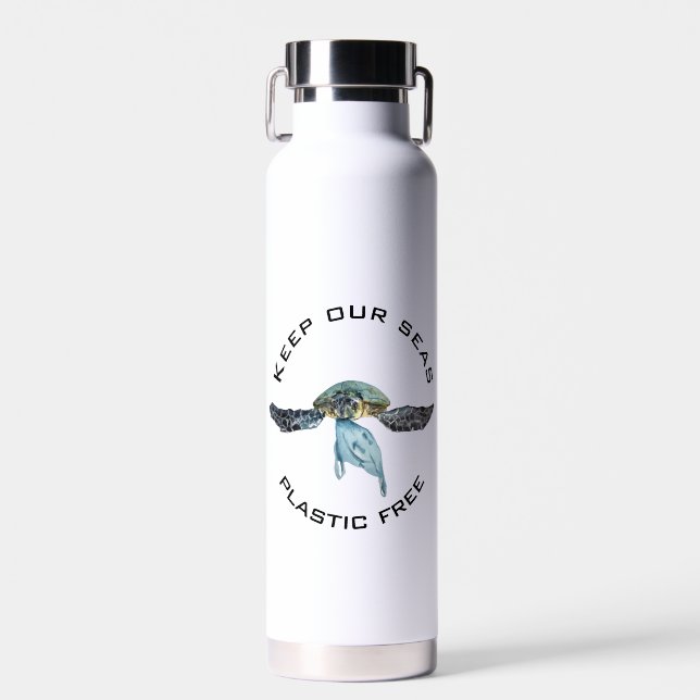 Keep our Sea Plastic Free Watercolor Turtle  Water Bottle (Front)