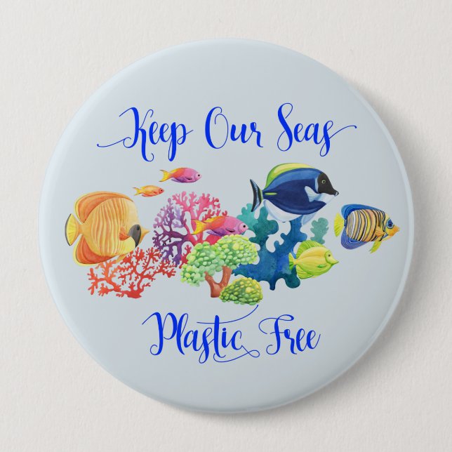 Keep our Seas Plastic Free Ocean Fish 4 Inch Round Button (Front)