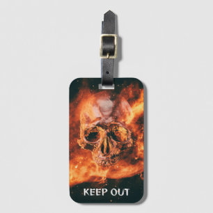 Keep Out. Flaming skull in space Luggage Tag