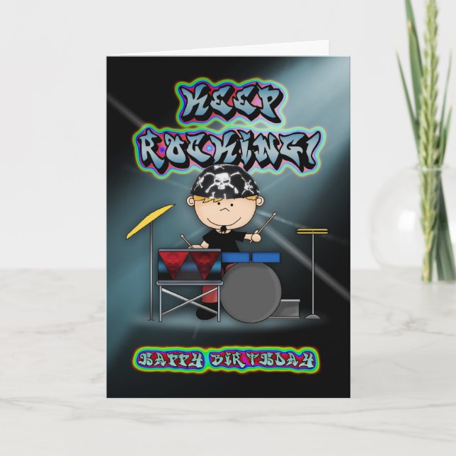 keep rocking birthday greeting card with drummer (Front)