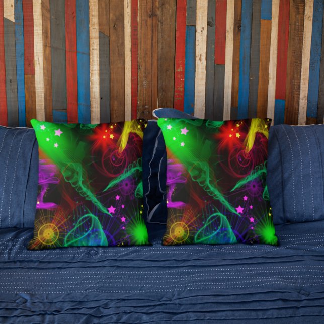 Keep Sake Neon Paint Splatter Swirls Stars  Throw Pillow (Creator Uploaded)