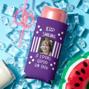  Keep smiling add 2 photo stripes white purple Seltzer Can Cooler