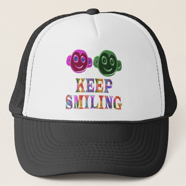 KEEP SMILING : Artistic Text n Faces Trucker Hat (Front)