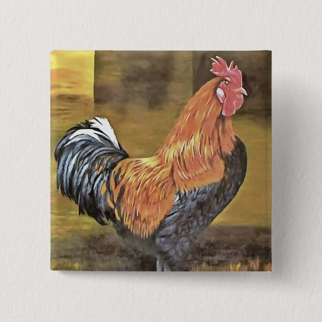 Keeping Chickens Farmyard Rooster 2 Inch Square Button (Front)