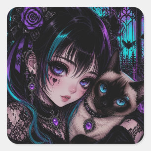 Keeping in Touch Anime Girl & Cat Square Sticker