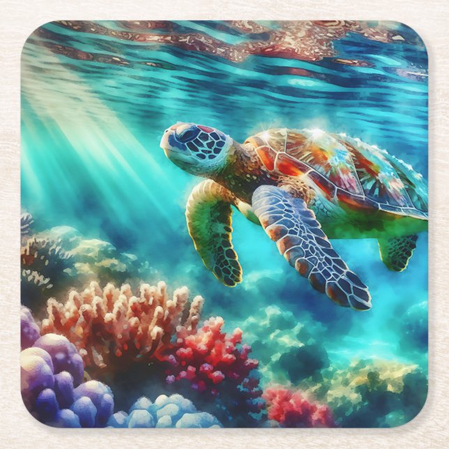 Keeping in Touch  | Sea Turtle Swimming Square Paper Coaster (Front)