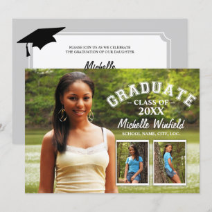 Keepsake 3 Photo Modern Text Overlay Graduation Invitation