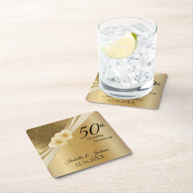 Keepsake 50th 💞 Gold Wedding Anniversary Square Paper Coaster (Insitu)