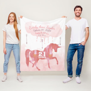 Keepsake Baby Girl Blush Coral Birth Stat Unicorn Fleece Blanket