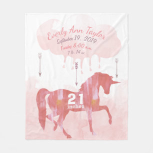 Keepsake Baby Girl Blush Coral Birth Stat Unicorn Fleece Blanket