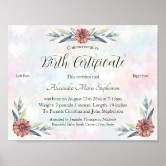 Keepsake Baby Girl Footprint Birth Certificate Poster
