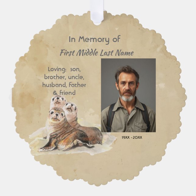 Keepsake Memorial Watercolor Seals Animals Ornament Card (Front)
