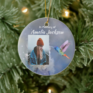 Keepsake Memorial White Flower Hummingbird Ceramic Ornament