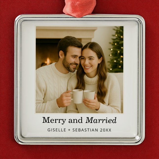 Keepsake Merry and Married First Christmas Photo Metal Ornament (Creator Uploaded)