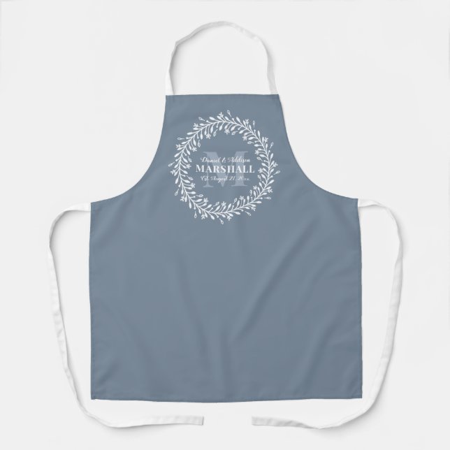 Keepsake Newlywed Couple Blue Wreath Monogram Apron (Front)