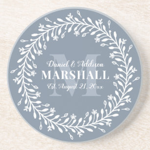 Keepsake Newlywed Couple Blue Wreath Monogram Coaster