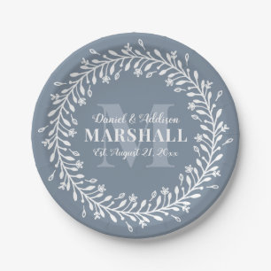 Keepsake Newlywed Couple Blue Wreath Monogram Paper Plate