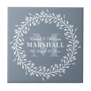 Keepsake Newlywed Couple Blue Wreath Monogram Tile