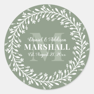 Keepsake Newlywed Couple Green Wreath Monogram Classic Round Sticker