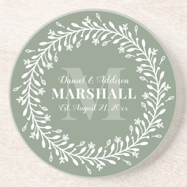 Keepsake Newlywed Couple Green Wreath Monogram Coaster (Front)