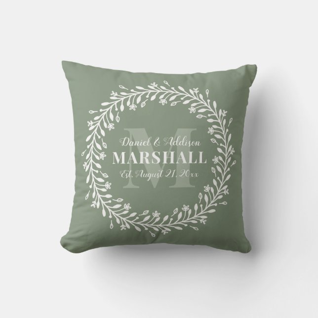 Keepsake Newlywed Couple Green Wreath Monogram Throw Pillow (Front)