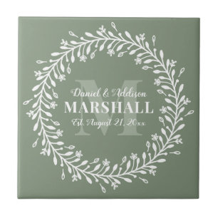 Keepsake Newlywed Couple Green Wreath Monogram Tile